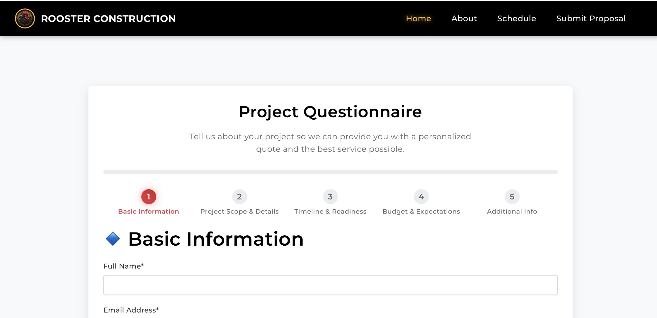 Construction project proposal form submission with Rooster Construction